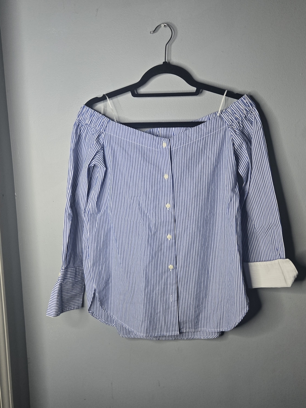 Stitch & Knot Blue White Stripe Off Shoulder Button Front Cotton Blouse Small